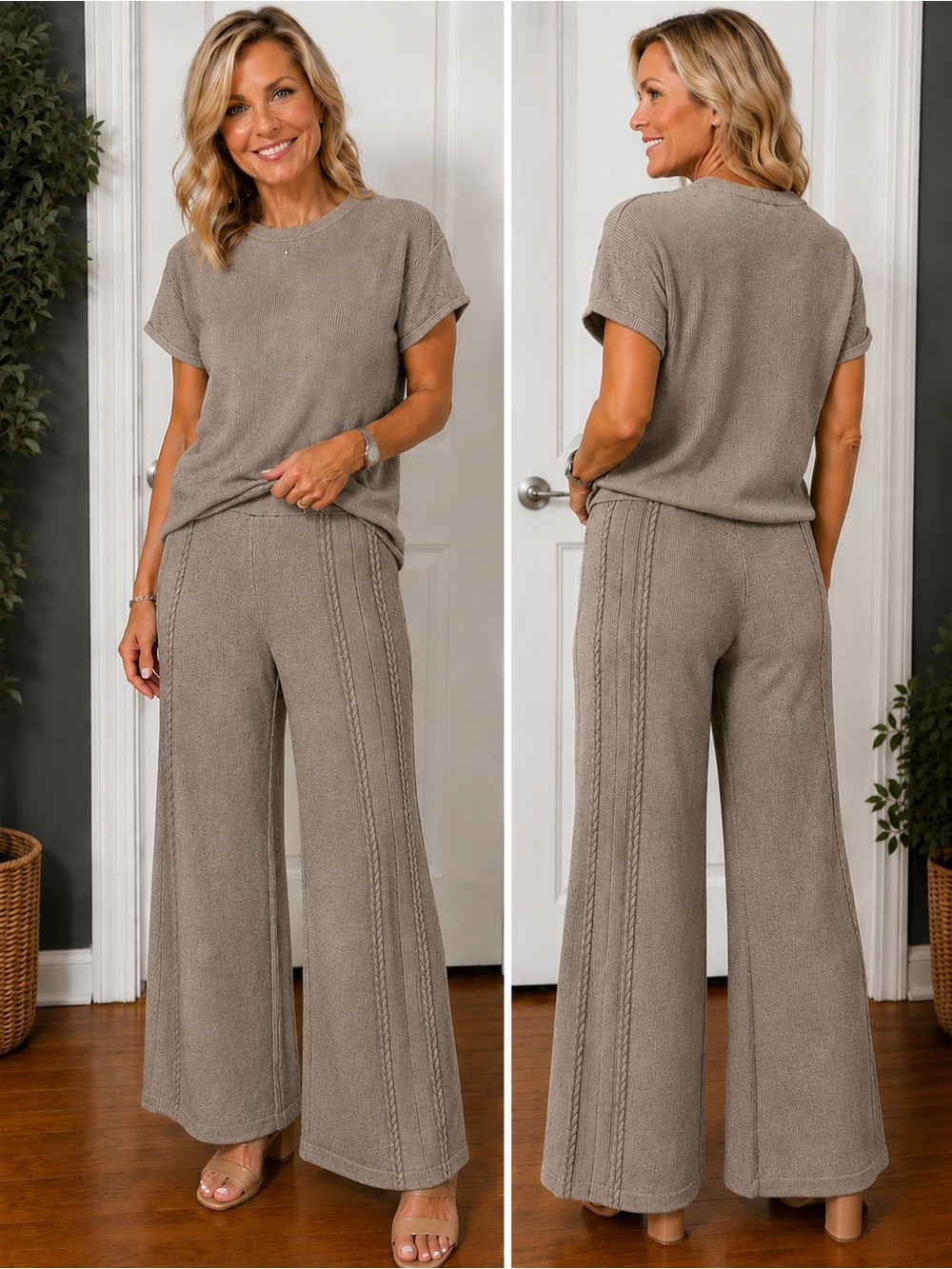 Zenana Outfitters Taupe Wide-Leg Knit Pants
